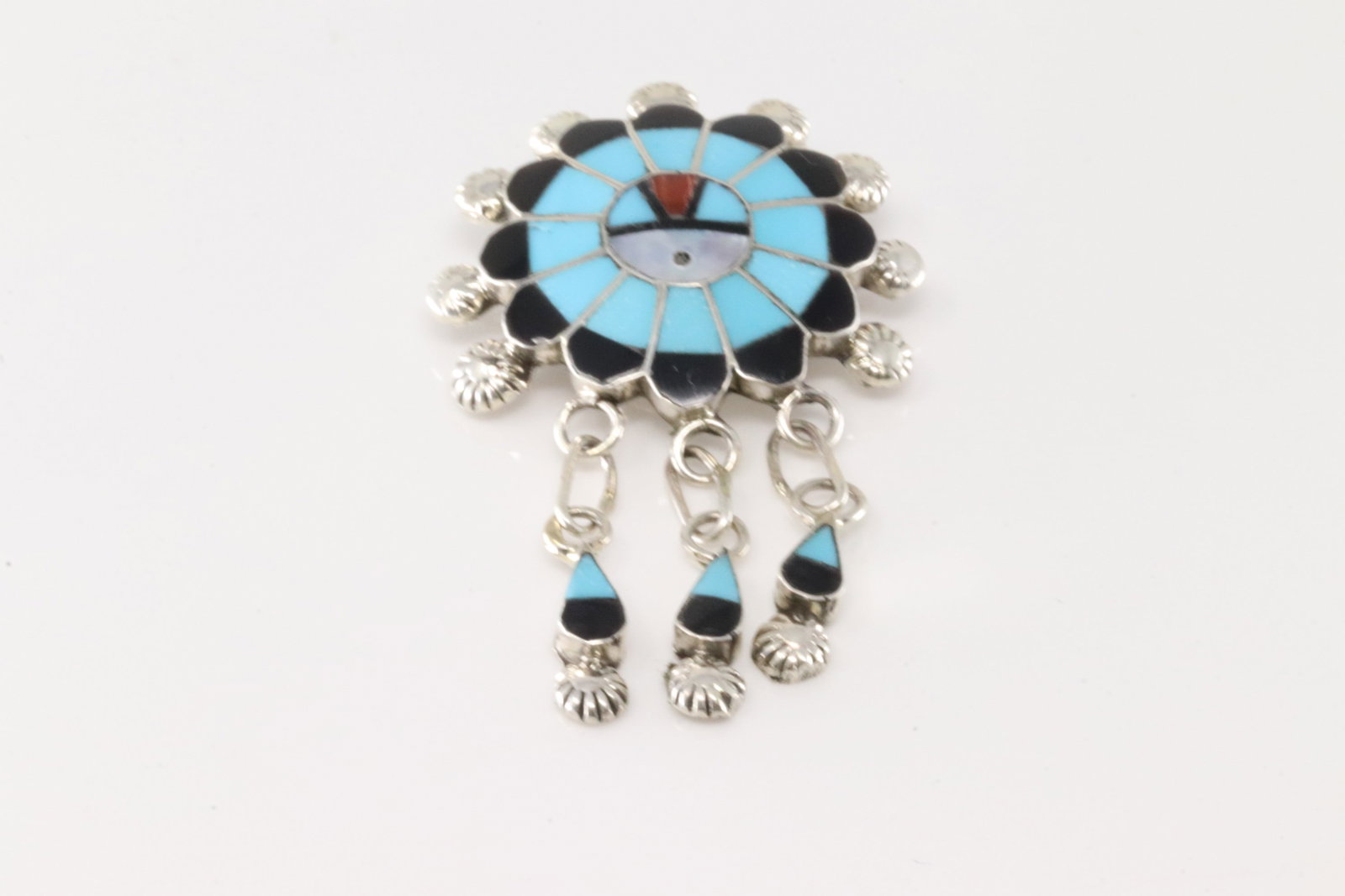 Native America Zuni Sterling Silver Multi-Color Stone Inlay Pin / Pendant By A.B.: This is a Native America Zuni Sterling Silver Multi-Color Stone Inlay Pin / Pendant By A.B.