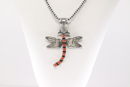 Native America Navajo Sterling Silver Coral Dragonfly Pendant By EL Billah. With Pearl Beaded