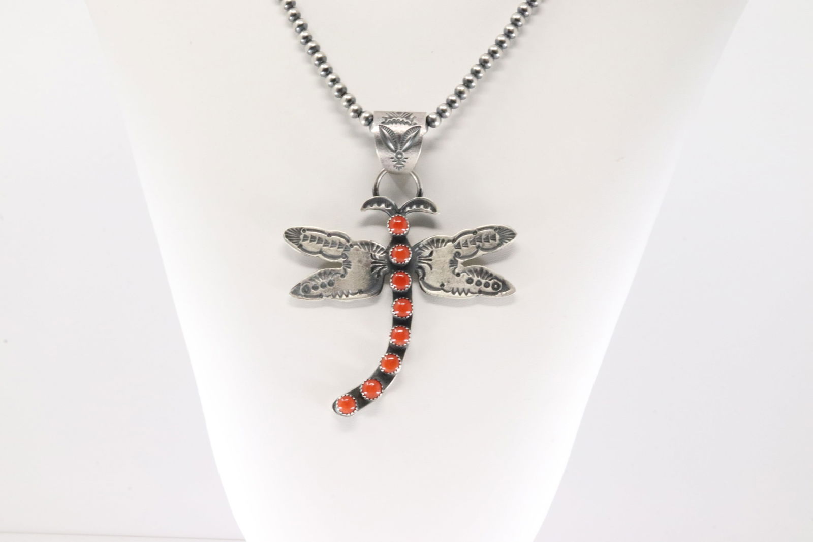 Native America Navajo Sterling Silver Coral Dragonfly Pendant By EL Billah. With Pearl Beaded (1 of 4)