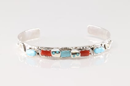 Native America Zuni Sterling Silver Coral & Turquoise Bracelet Cuff By Joy Calavaza.