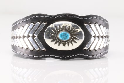 Native America Navajo Sterling Silver Turquoise Bracelet Leather Cuff By F.Armstrong.