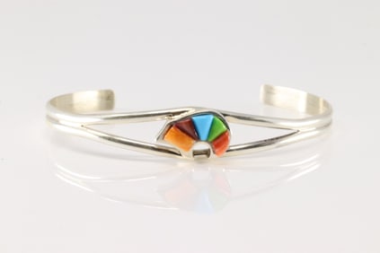 Native America Navajo Sterling Silver Multi-Color Stone Bear Bracelet Cuff By B.Shorty.