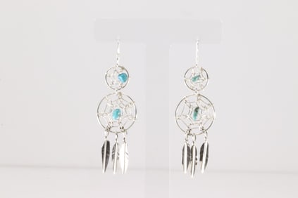 Native America Navajo Sterling Silver Turquoise Dream Catch Dangling Earring's By Lorenzo Arviso Jr.