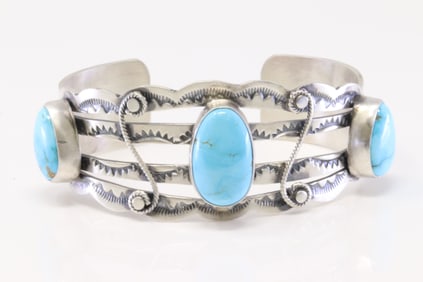 Native American Navajo Sterling Silver Turquoise Bracelet Cuff By B.Johnson.