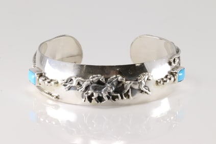 Native America Navajo Sterling Silver Turquoise Horses Bracelet Cuff By Bobby Platero.