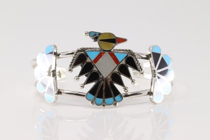 Native America Zuni Sterling Silver Multi-Color Stone Thunderbird Bracelet By Adrian Wallace.