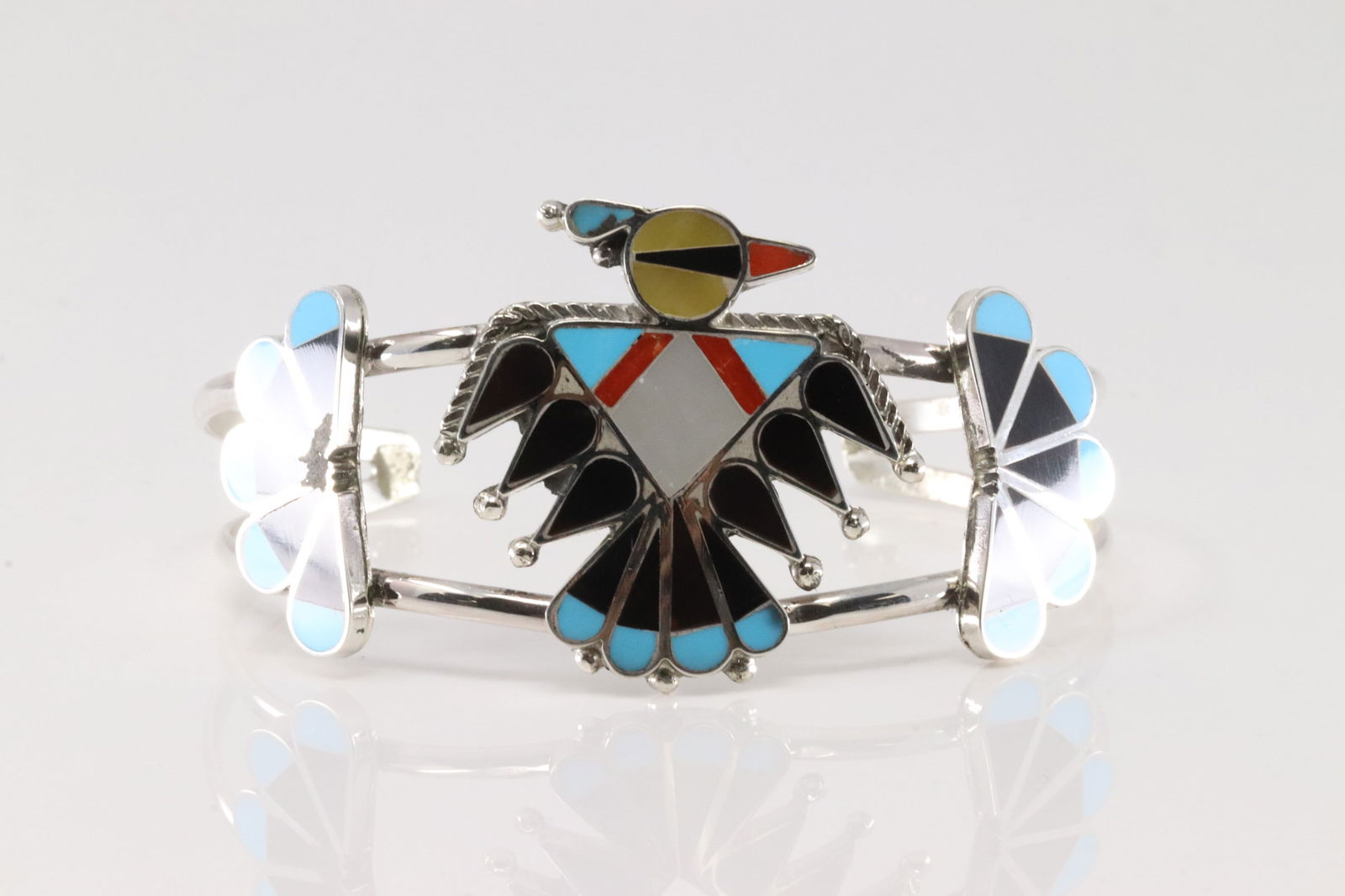 Native America Zuni Sterling Silver Multi-Color Stone Thunderbird Bracelet By Adrian Wallace. (1 of 4)