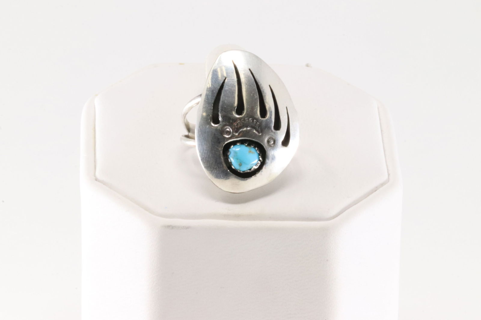 Native America Navajo Sterling Silver Bear Paw Turquoise Ring By Ervin Begay.