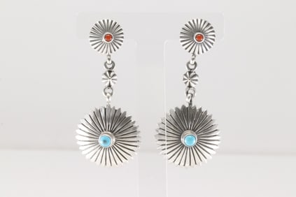 Native America Navajo Sterling Silver Coral & Turquoise Post / Dangling Earring's By Verley Betone.