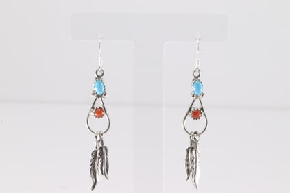 Native America Navajo Sterling Silver Coral & Turquoise Dangling Earring's By Robert Martinez.