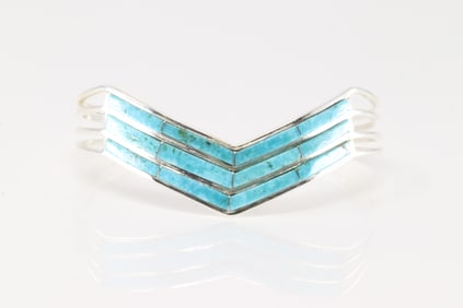 Native America Navajo Sterling Silver Turquoise Inlay Bracelet Cuff By Jamie Johnsnon.