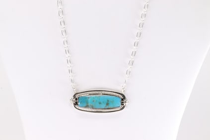Native America Navajo Sterling Silver Turquoise Necklace By Sadie Jim.