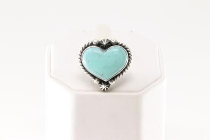 Native America Navajo Sterling Silver Kingman Turquoise Heart Ring By Donovan Skeets.
