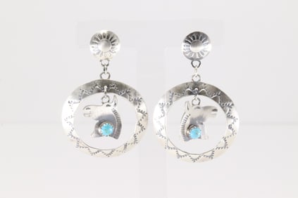 Native America Navajo Sterling Silver Turquoise Horse Head Post / Dangling Earring's By Gabrielle