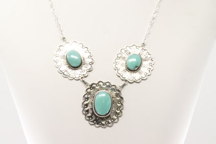 Native America Navajo Sterling Silver Turquoise Necklace By Arlene Lewis.