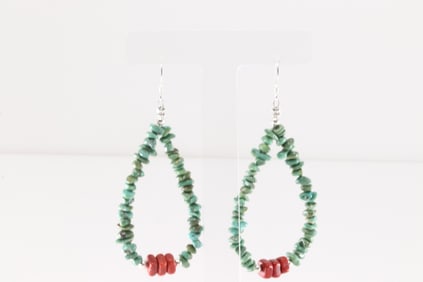 Native America Navajo Sterling Silver Coral & Turquoise Dangling Earring's.