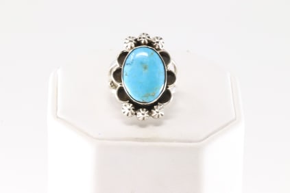 Native America Navajo Sterling Silver Turquoise Ring By Arlene Lewis.
