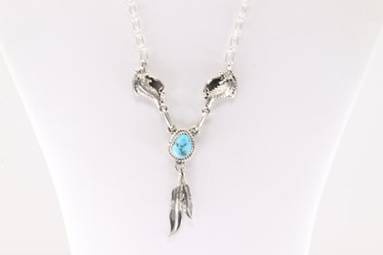 Native America Navajo Sterling Silver Turquoise Necklace By Verley Betone.
