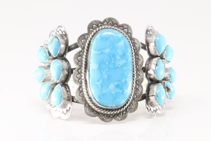 Native America Navajo Sterling Silver Kingman Turquoise Turquoise Bracelet Cuff By Kee.J.