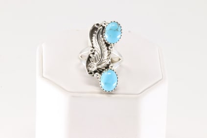 Native America Navajo Sterling Silver Turquoise Ring Leaf By Robert Martinez.