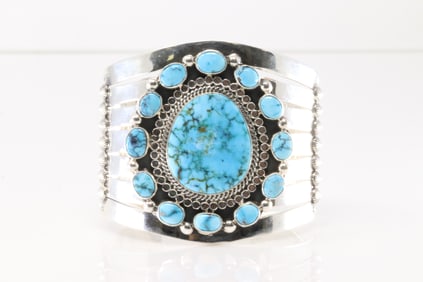 Native America Navajo Sterling Silver Kingman Turquoise Bracelet Cuff By Tom Lewis.