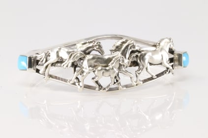 Native America Navajo Sterling Silver Turquoise Horses Bracelet Cuff By Bobby Platero.