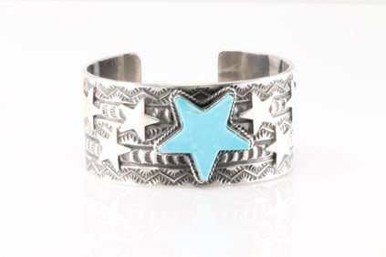 Native America Navajo Sterling Silver Kingman Turquoise Star Bracelet Cuff By Sunshine Reeves.