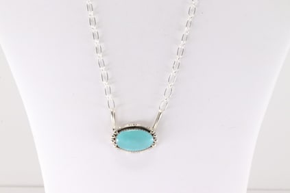Native America Navajo Sterling Silver Turquoise Necklace By Angie Platero.