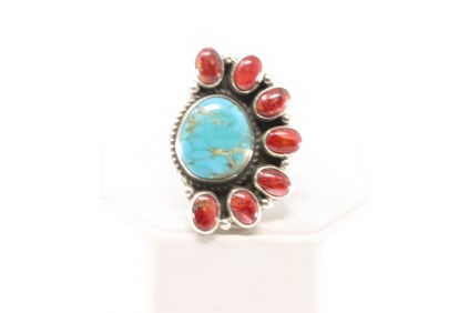Native America Navajo Sterling Silver Coral & Turquoise Ring By G.James.