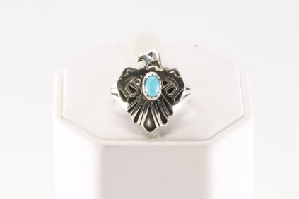 Native America Navajo Sterling Silver Turquoise Thunderbird Ring By Theresa Smith.