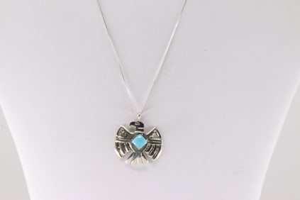 Native America Navajo Sterling Silver Turquoise Thunderbird Pendant with A 925 Necklace By Kim