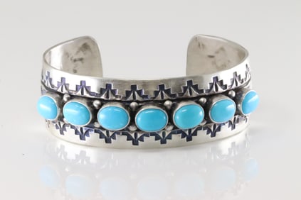 Native America Navajo Sterling Silver Turquoise Bracelet Cuff By R.H.B.