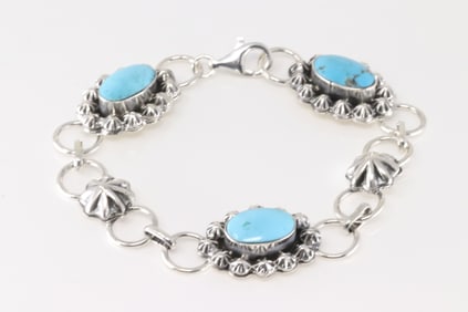 Native America Navajo Sterling Silver Turquoise Bracelet Link By Arlene Lewis.
