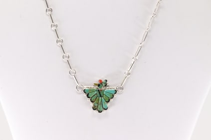 Native America Zuni Sterling Silver Multi-Color Inlay Bird Necklace By Michelle Peina.
