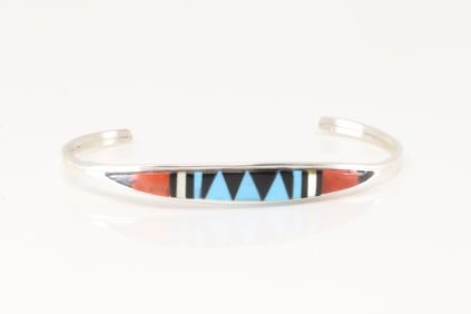 Native America Zuni Sterling Silver Multi-Color Stone Inlay Bracelet By Cena.