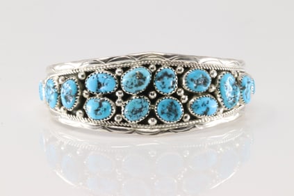 Native America Navajo Sterling Silver Turquoise Bracelet Cuff By Anita Whitegoat.