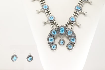 Native America Navajo Sterling Silver Kingman Turquoise Squash Blossom Necklace & Earring's Set By