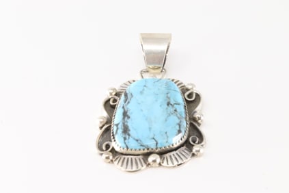 Native America Navajo Sterling Silver Kingman Turquoise Pendant By Lionel Calladito.