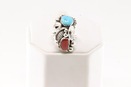 Native American Navajo Sterling Silver Coral & Turquoise Ring By Max Calladitto.