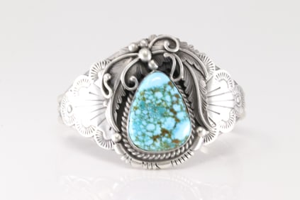 Native America Navajo Sterling Silver Kingman Turquoise Bracelet Cuff By Jimmy Lee.