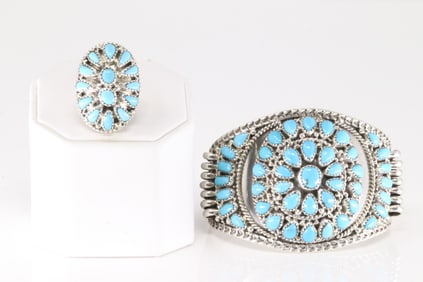 Native America Navajo Sterling Silver Turquoise Bracelet Cuff & Ring Set By Nora Tsosie.