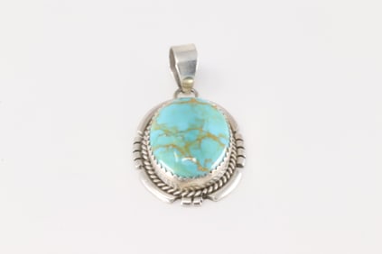 Native America Navajo Sterling Silver Kingman Turquoise Pendant By Freida Martinez.
