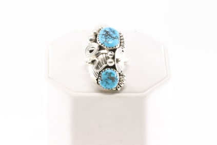 Native America Navajo Sterling Silver Turquoise Floral Ring By Max C.