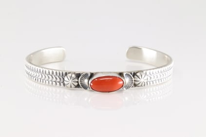 Native America Navajo Sterling Silver Coral Bracelet Cuff By M.Spencer.