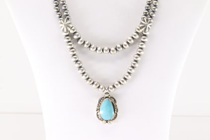 Native America Navajo Sterling Silver Double Strand Turquoise Necklace By Lucinda Sardo.