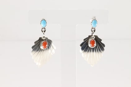 Native America Navajo Sterling Silver Coral & Turquoise Leaf Post / Dangling Earring's By Genevieve