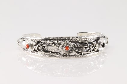 Native America Navajo Sterling Silver Coral Bracelet Cuff By Bessie Joe.