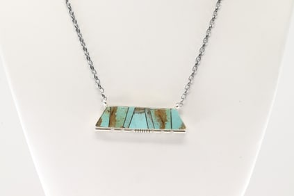 Native America Navajo Sterling Silver Turquoise Inlay Necklace By B.E.