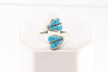 Native America Zuni Sterling Silver Turquoise Inlay Heart Ring By R.V.N.
