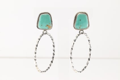 Native America Navajo Sterling Silver Kingman Turquoise Hoop Post / Dangling Earring's By Elouise